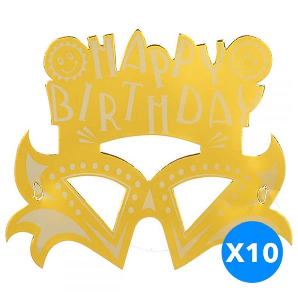 Gold Happy Birthday Party Masks, Pack of 10