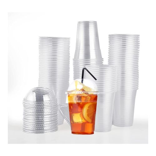 100 PACK 12 oz Clear Plastic Cups with Dome Lids, Disposable Dessert Cups, Parfait cups for Ice Cream, Iced Cold Coffee Drinks, Cupcake, Fruit Cups for Party