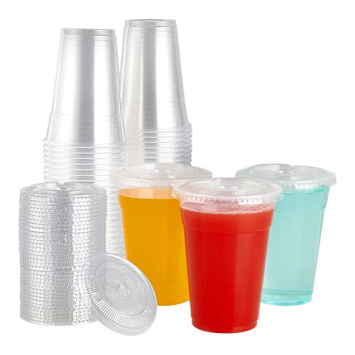 [100 Pack] 12 oz Clear Plastic Cups With Flat Slotted Lids, Disposable Drinking Party Cups for Iced Cold Drinks Coffee Tea Smoothie Bubble Boba