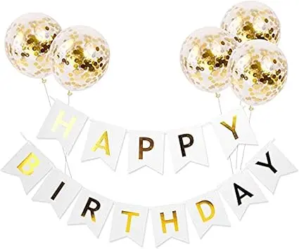 5 Confetti Balloons with a Gliding White and Gold HAPPY BIRTHDAY Letter Banner