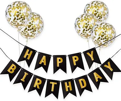 5 Confetti Balloons with a Gliding Black and Gold HAPPY BIRTHDAY Banner