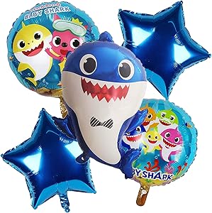 Baby Shark Birthday Balloons, 2 Star Balloons, 2 Round Balloons, Shark Balloon Combo Set Assorted Colors- 5 pieces