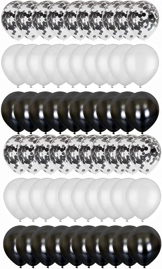 White Black Confetti Latex Balloons, Helium Balloons 12 inches - 60 pieces (20 of each color)