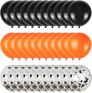 Halloween Colored Latex Balloons 10 Orange 30 Black 10 Confetti - 50 pieces