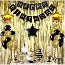 Full Wall Decoration Including Gold Metallic Foil Fringe (300cm height x 100cm width) 3 Star Balloons (2 gold and 1 black) 18 Latex Balloons (9 gold and 9 black)