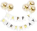 5 Confetti Balloons with a Gliding White and Gold HAPPY BIRTHDAY Letter Banner